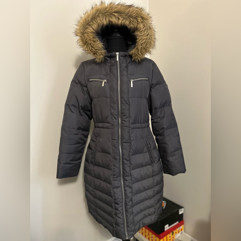MICHAEL Michael Kors Charcoal Puffer Coat with Faux Fur Hood